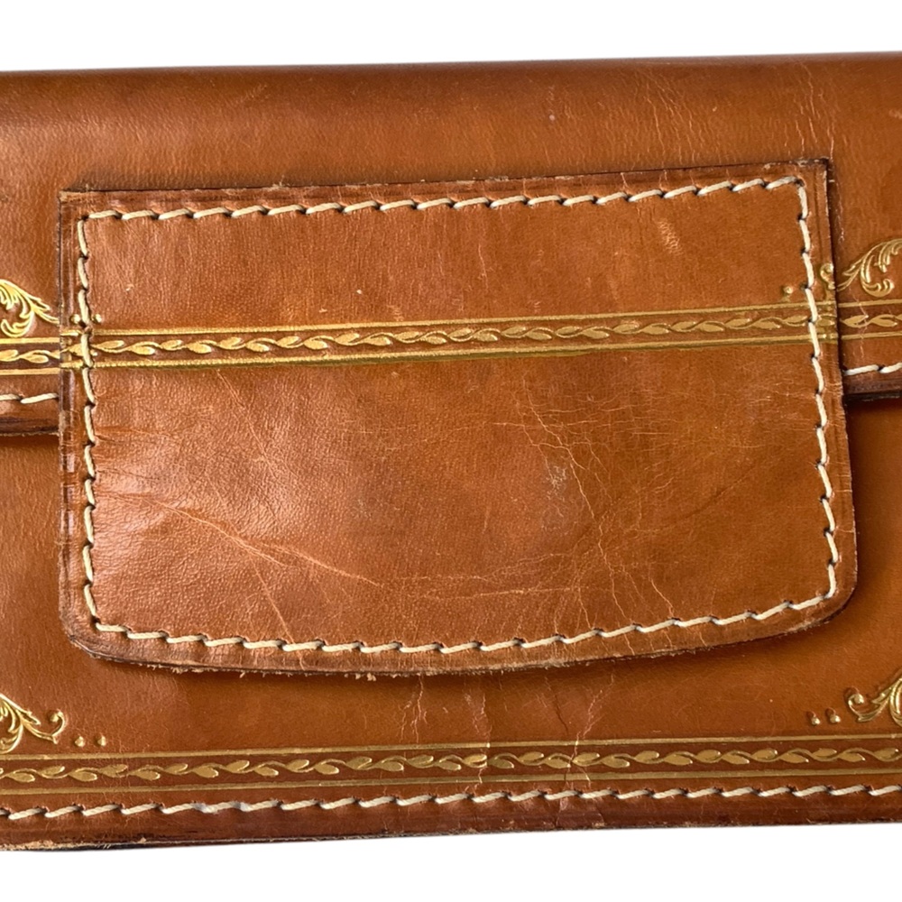 Embassy Made In Italy Vintage Brown Genuine Leather Wallet Clutch Gold Scrolling - Picture 3 of 7